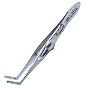 Jameson Muscle Forceps, Adult Size, Right, Serrated Handle With Slide Lock And Polished Finish, Angled Shafts, 12mm Scaled Jaws, 1mm Teeth On One Jaw Fit Into Holes On Other Jaw, And Overall Length Of 4" (100mm) 